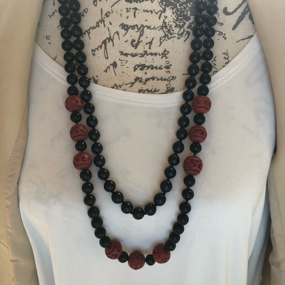 Onyx & Cinnabar Necklaces and Bracelet - 3 piece set